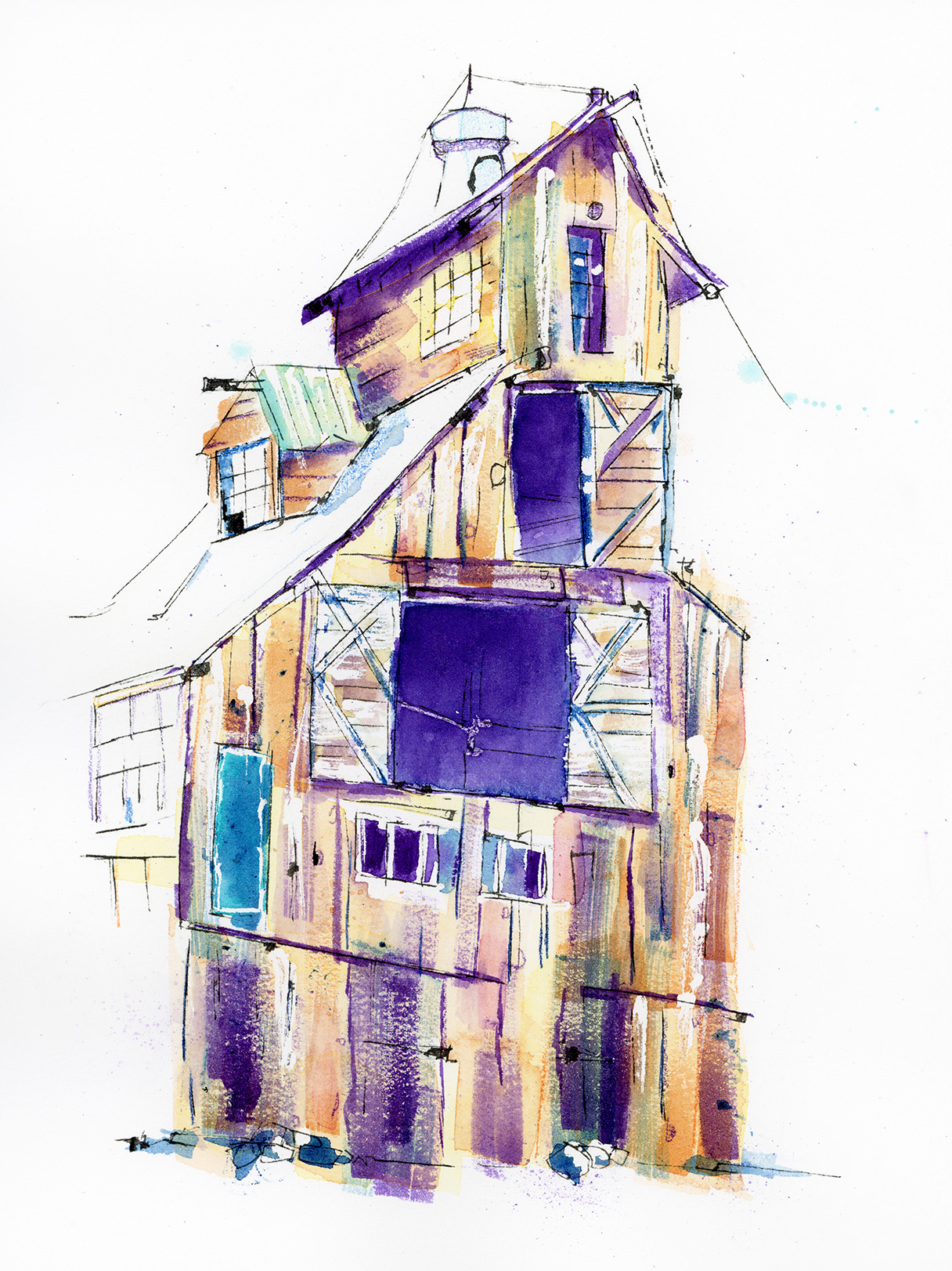 Watercolour and ink painting of a rural wooden building with layered textures